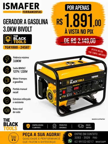 GERADOR A GASOLINA 3.0KW BIVOLT - THE BLACK TOOLS TGR1000 - 24587