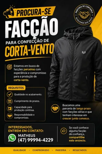 PRECISO DE FACÇÃO PARA CORTA VENTO PAGAMENTO A VISTA NA RETIRADA