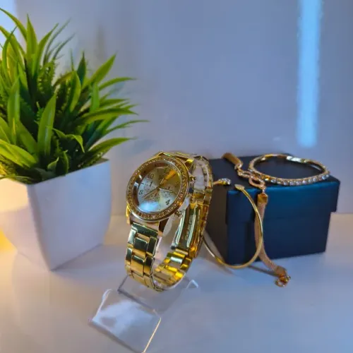 Relógio Geneva® Dourado Aço Inox Feminino + Caixinha + 3 Pulseiras Acessórias