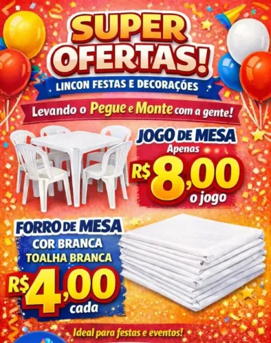 super oferta levando o pegue e monte 79,90 o jogo de mesa sair 8,00 a vista e toalha 4,00