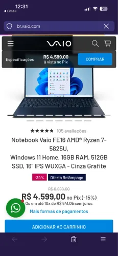 Notebook VAIO FE 16 32gb 512gb Ryzen 7 5825U