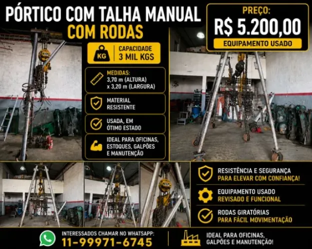 PÓRTICO COM TALHA MANUAL DE 5 mil KGS C/ RODAS 3,80 l X 3,20 aLT