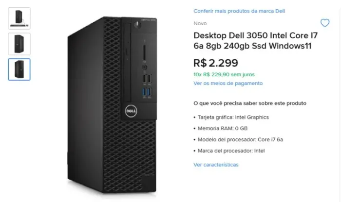 Desktop Dell Vostro d13s Intel Core I7 6geração 8gb 240gb Ssd só venda
