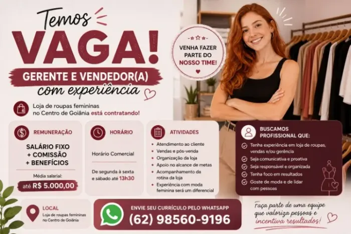 VAGA | GERENTE E VENDEDOR(A) COM EXPERIÊNCIA | LOJA DE ROUPAS FEMININAS