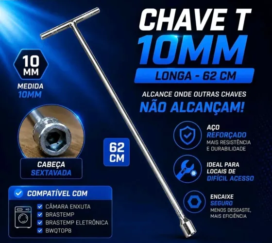 Chave T longa 10mm 60cm ferramentas para reparo do agitador de máquinas de lavar