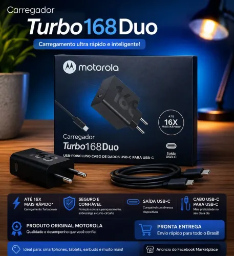 Carregador Original Motorola Turbo 168W Tipo C - Entrega Grátis