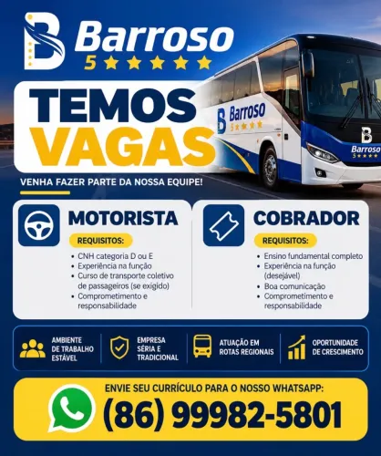 Vagas para Motorista e Cobrador - Barroso 5 Estrelas