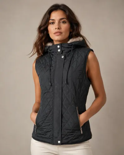 Colete Feminino Preto Matelassê com Capuz de Pelúcia - Zamala (Veste M)