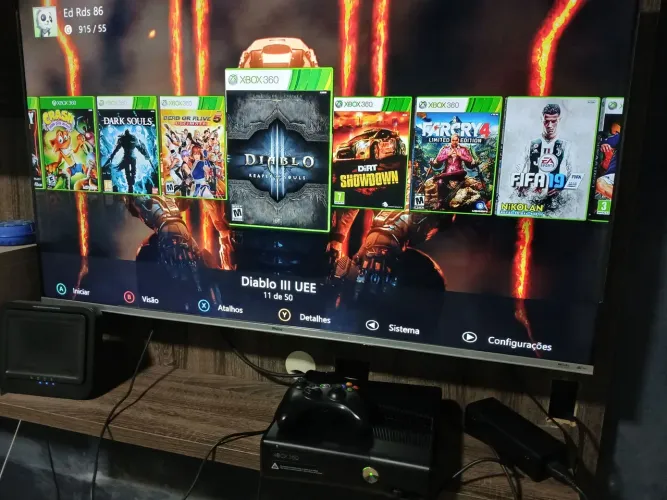 Xbox 360 RGH com HD cheio de jogos 2 controle e Kinect