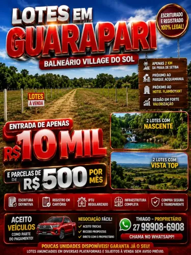 LOTES ESCRITURADOS EM GUARAPARI - BALNEÁRIO, PARCELO, TROCO, IPTU <br>INVISTA ONDE O LITORAL