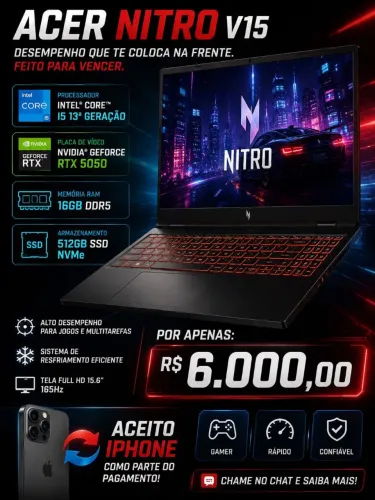 Acer Nitro V15 RTX 5050 | i5 13ª Geração | 16GB RAM | 512GB SSD