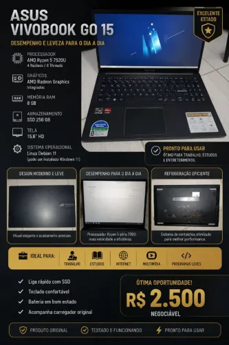 Notebook ASUS Vivobook Go 15 - Ryzen 5 7520U | 8GB RAM | SSD 256GB