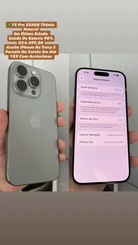 iPhone 15 Pro 256GB Titânio Natural | Saúde Da Bateria 90% Usado