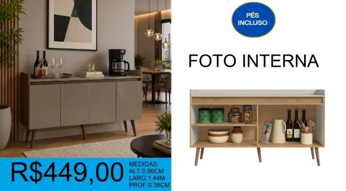 Aparador de sala com pés retro - Entrega e montagem grátis