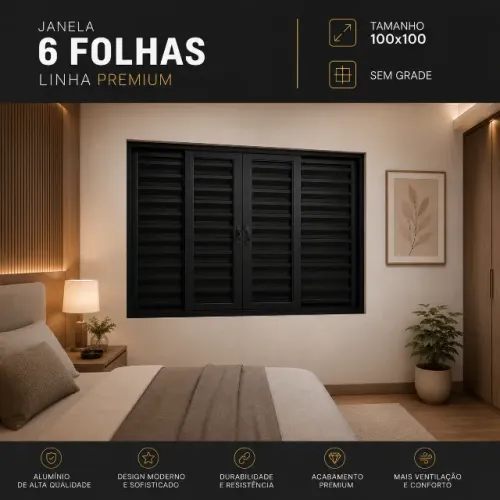 Janela Alumínio Preto 6 Folhas Linha Premium 100x100 sem grade