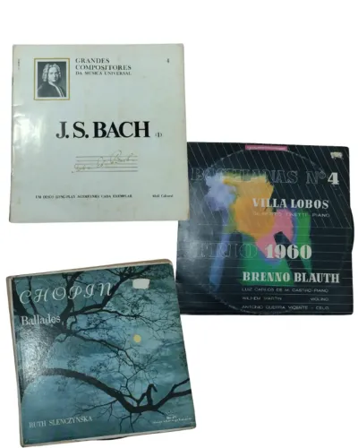 Lote com 3 discos de vinil música clássica (Chopin, Bach, Villa lobos)