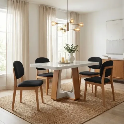 Conjunto Mesa de Jantar Nobre 120 com Vidro e 4 Cadeiras Linho Preto