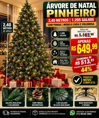ÁRVORE DE NATAL PINHEIRO 2,40 METROS | 1.205 GALHOS | NOVA