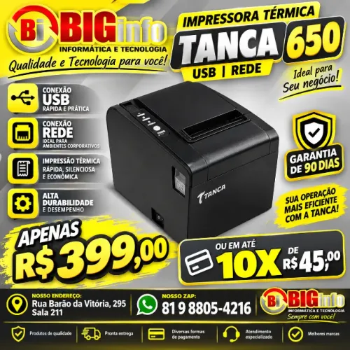 Impressora de Computador Térmica Tanca TP-650 (USB/Serial/Ethernet)