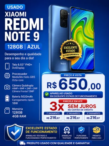 Celular Xaiomi Redmi Note 9, 128gb azul super conservado