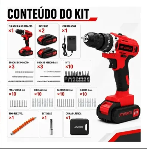 Parafusadeira Furadeira de Impacto ATVERCE 21V 3/8 KIT com 2 Baterias Maleta