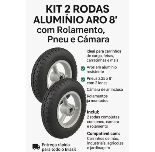 Kit com 2 rodas de alumínio aro 8 com rolamento pneu e câmara