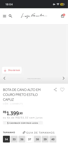 BOTA LUIZA BARCELOS DE CANO ALTO EM COURO PRETO ESTILO CAPUZ