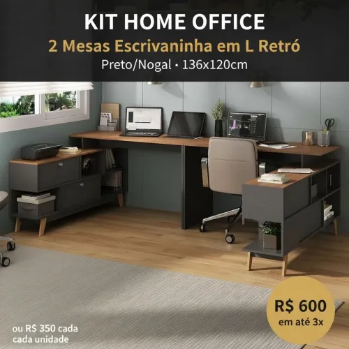 Kit 2 Mesas Escrivaninha em L Retrô 136x120cm