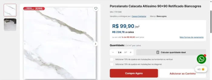 Porcelanato Calacata altíssimo 90x90