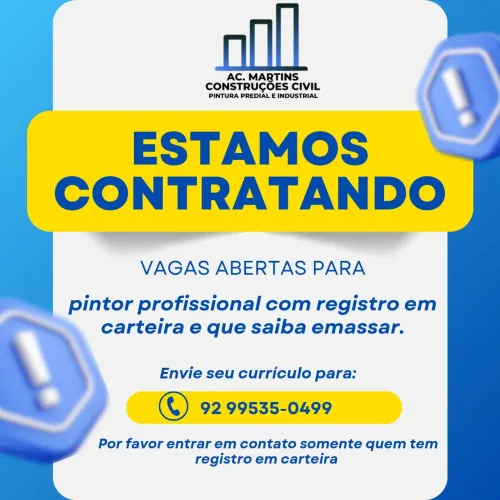 Vaga para pintor profissional com registro em carteira. 