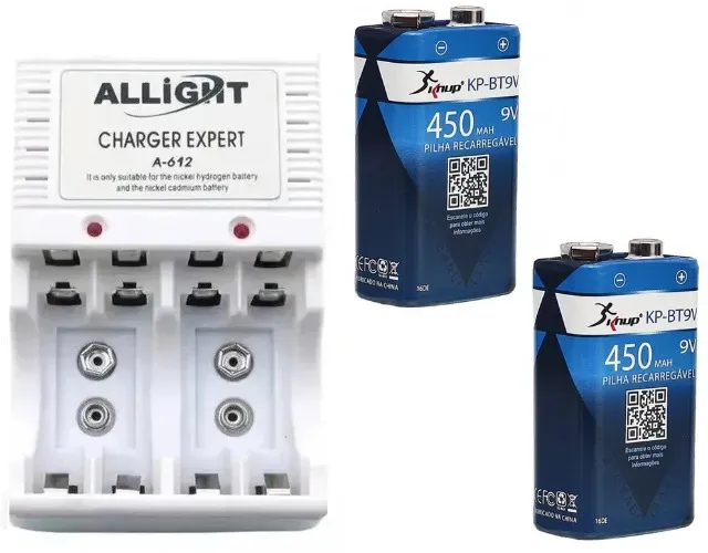 Kit 2 Baterias Recarregável 9v 450 Mah Knup + Carregador Aa