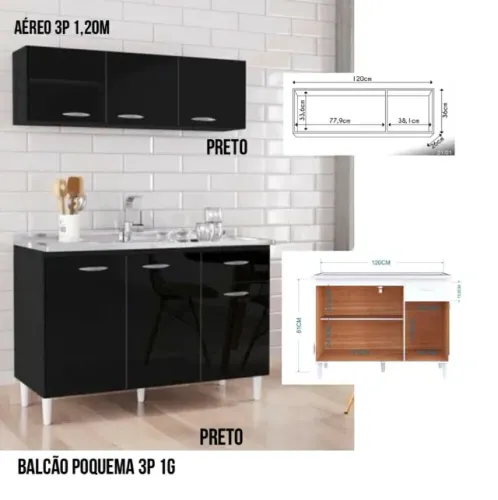 Balcão Poquema 3p 1g + Armário Aéreo 3p 1,20m - Entrega e Monta