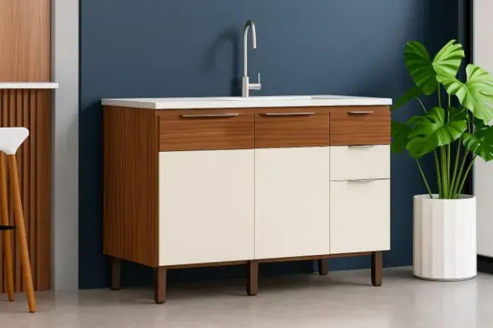 Promoção Balcão Veneza para Pia Nogueira/Ripado/Off White