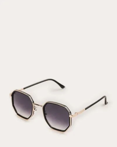 Óculos de sol feminino hexagonal em metal preto