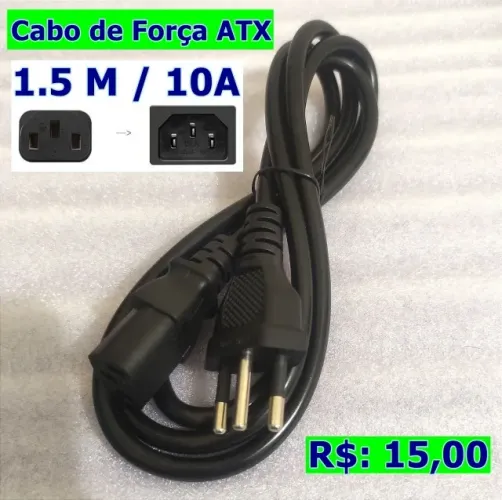 Cabo de Força ATX - Padrão Novo 3 Pinos - 1.5 Metros