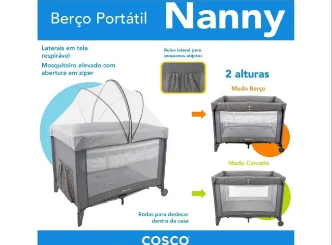 Berço Portátil Cosco Kids Nanny 2 Níveis de Altura - 0 a 18kg Cinza