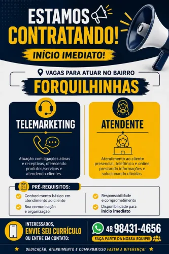 Vagas para atendente e telemarketing com início imediato