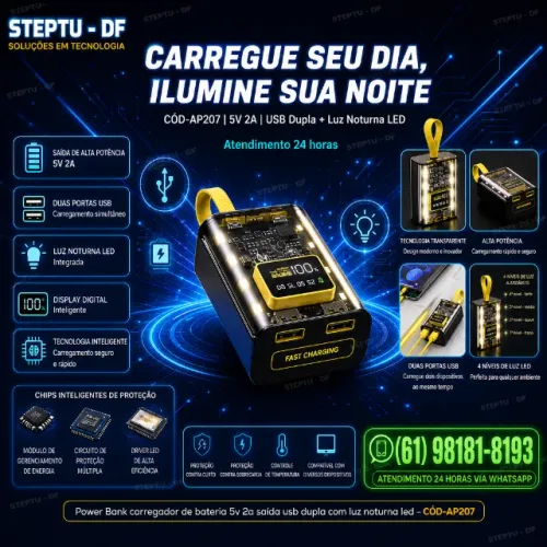 Power Bank carregador de bateria 5v 2a saída usb dupla com luz noturna led   COD-AP207 