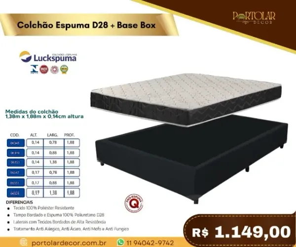 Colchão espuma D28 + Base Box, a pronta entrega
