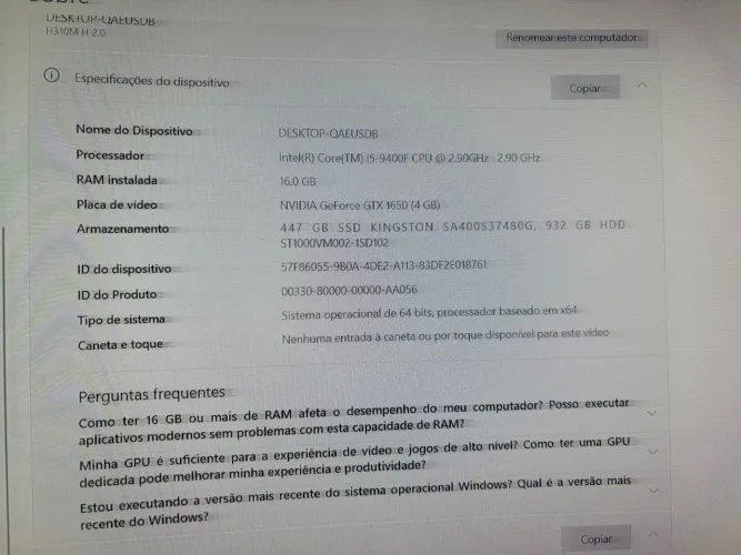 PC Gamer Intel i5 9ª Geração | GTX 1650 4GB | 16GB RAM | SSD + 1TB HD