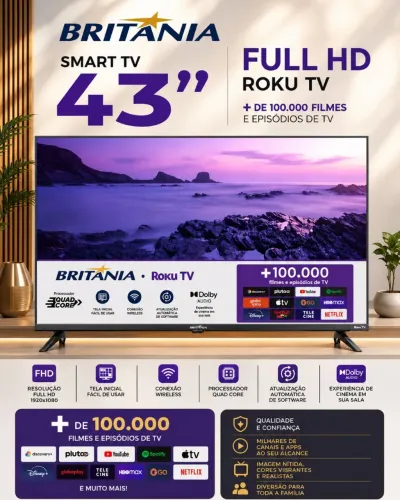 Tv 43" Smart Full HD Britânia. Só venda. Zero