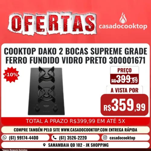 COOKTOP DAKO 2 BOCAS SUPREME GRADE FERRO FUNDIDO VIDRO PRETO 300001671