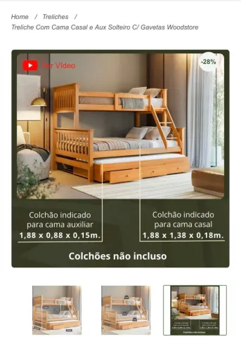 Treliche Com Cama Casal e Aux Solteiro C/ Gavetas Woodstore