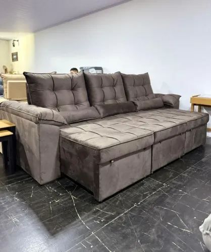 Sofá Retrátil e Reclinável 2.90cm tecido veludo, cor marrom, D-33