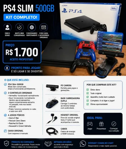 PS4 Slim 500GB + 4 Jogos + 3 Controles + Caixa