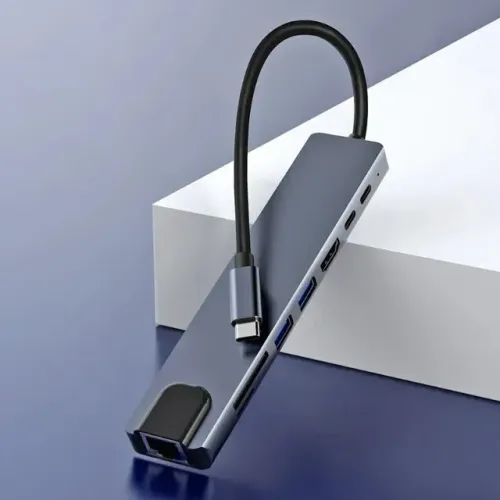 Hub Usb Tipo C Adaptador 8 em 1 Com HDMI e Rj45