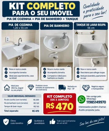 Kit Pia Cozinha + Pia Banheiro + Tanque