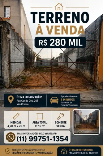 TERRENO À VENDA - 5 minutos do centro de Ferraz de Vasconcelos.
