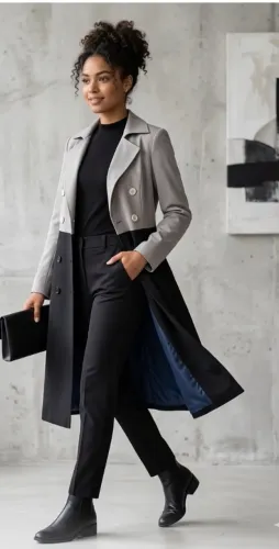 Thench Coat Mídi feminino, casaco longo e elegante, com botões na frente.