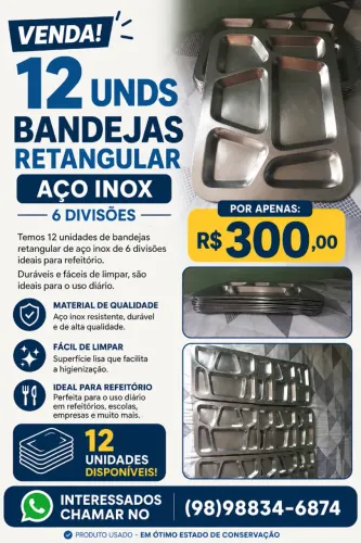 12 unds de Bandejas Retangular Aço Inox 6 Divisões Refeitório